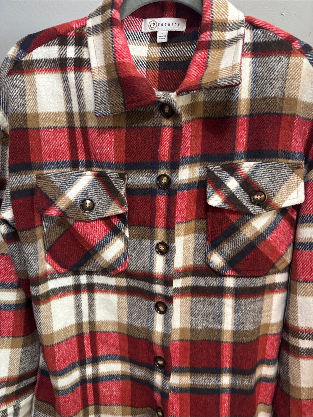 Plaid Button-Up Shacket in Red, Cream & Tan - Picture 4 of 7